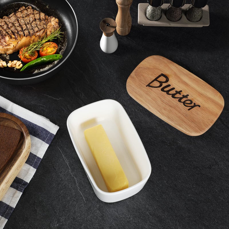 GDCZ Ceramics Butter Dish with Wooden Lid- Large Covered Butter Holder for Countertop, Butter Keeper Container Perfect for Holds 2X 4oz West/East Coast Butter, White - Image 2